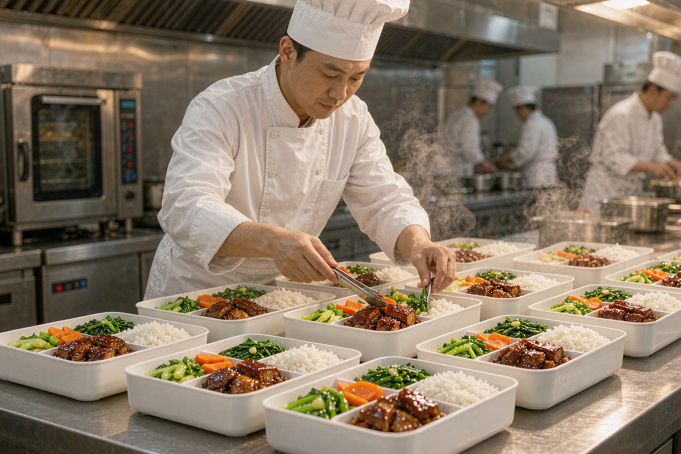 美乐饭自营中央厨房分餐线实拍